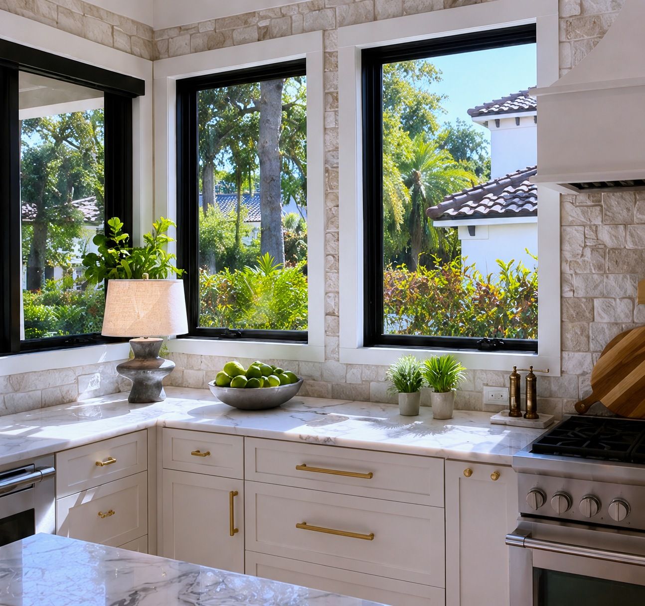Kitchen corner windows over marble counters